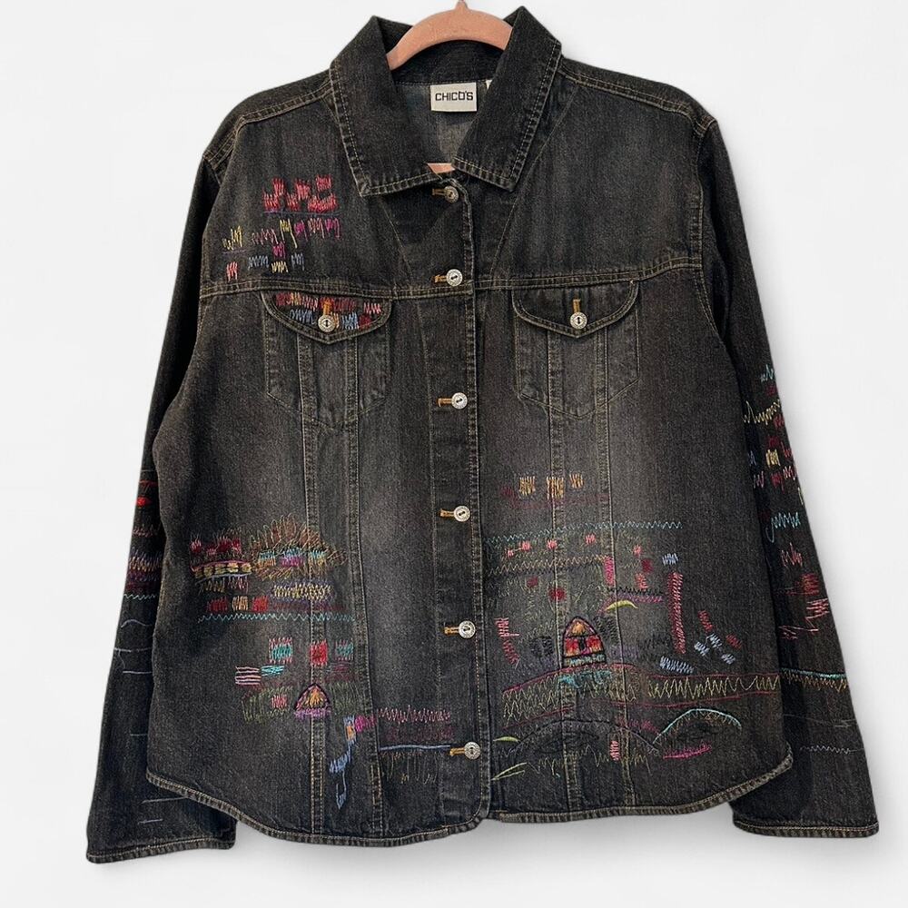 Chico’s Oversized Embroidered Black Denim Jean Jacket - Picture 2 of 12